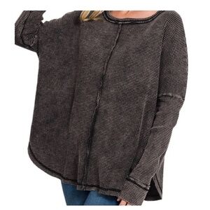 Zenana Acid Wash Cotton Waffle Tunic with Raw Edges and Long sleeves-Black
